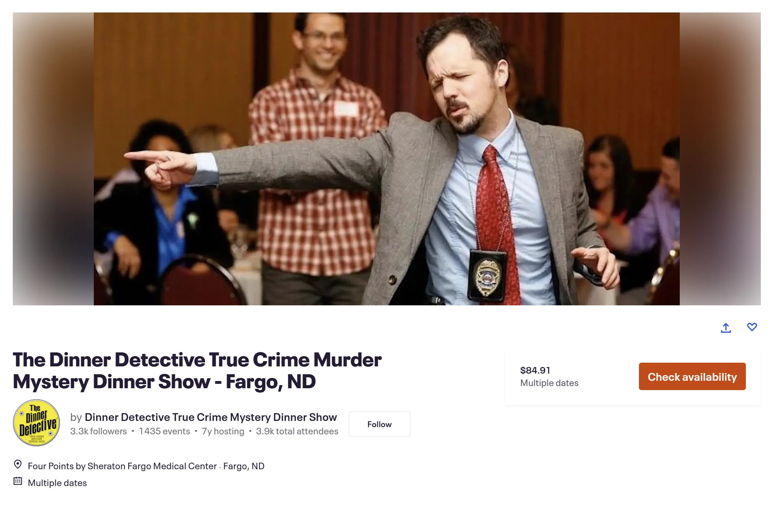 Eventbrite listing: The Dinner Detective True Crime Murder Mystery Dinner Show — Fargo, ND