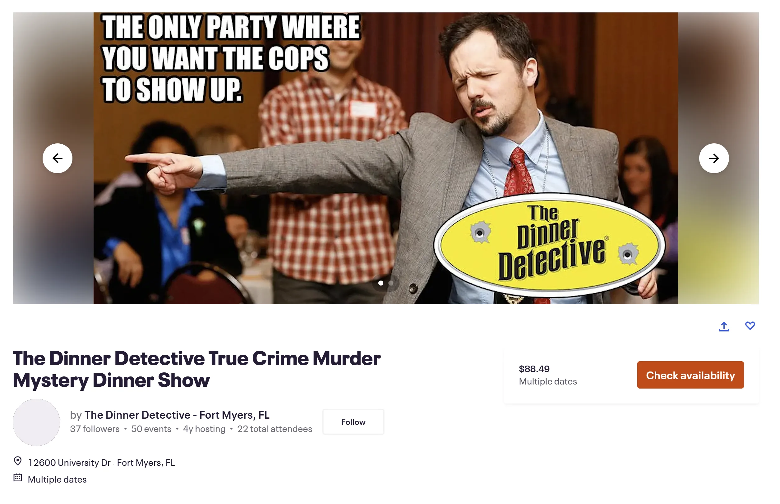Eventbrite listing: The Dinner Detective True Crime Murder Mystery Dinner Show, hosted by The Dinner Detective — Fort Myers, FL
