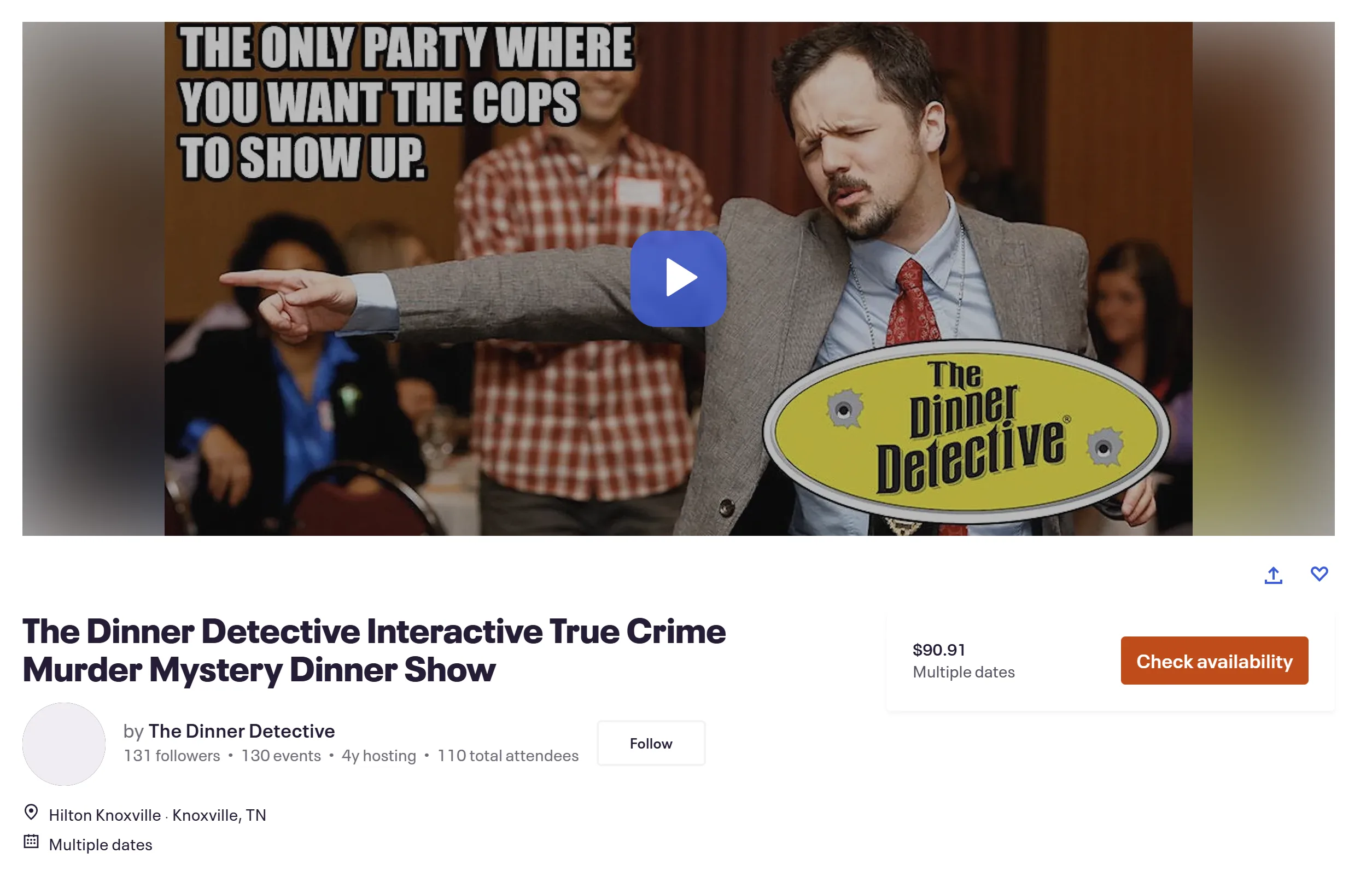 Eventbrite listing: The Dinner Detective Interactive True Crime Murder Mystery Dinner Show — Knoxville, TN