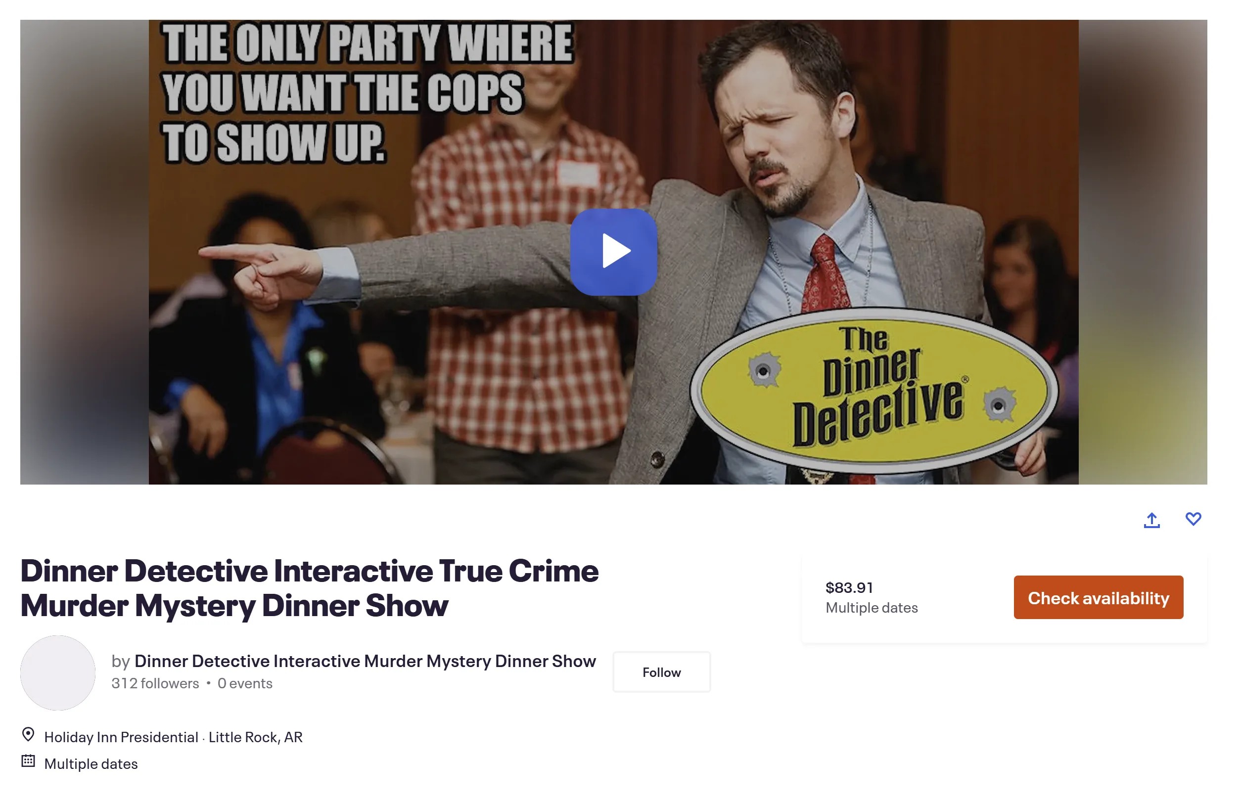 Eventbrite listing: Dinner Detective Interactive True Crime Murder Mystery Dinner Show — Little Rock, AR