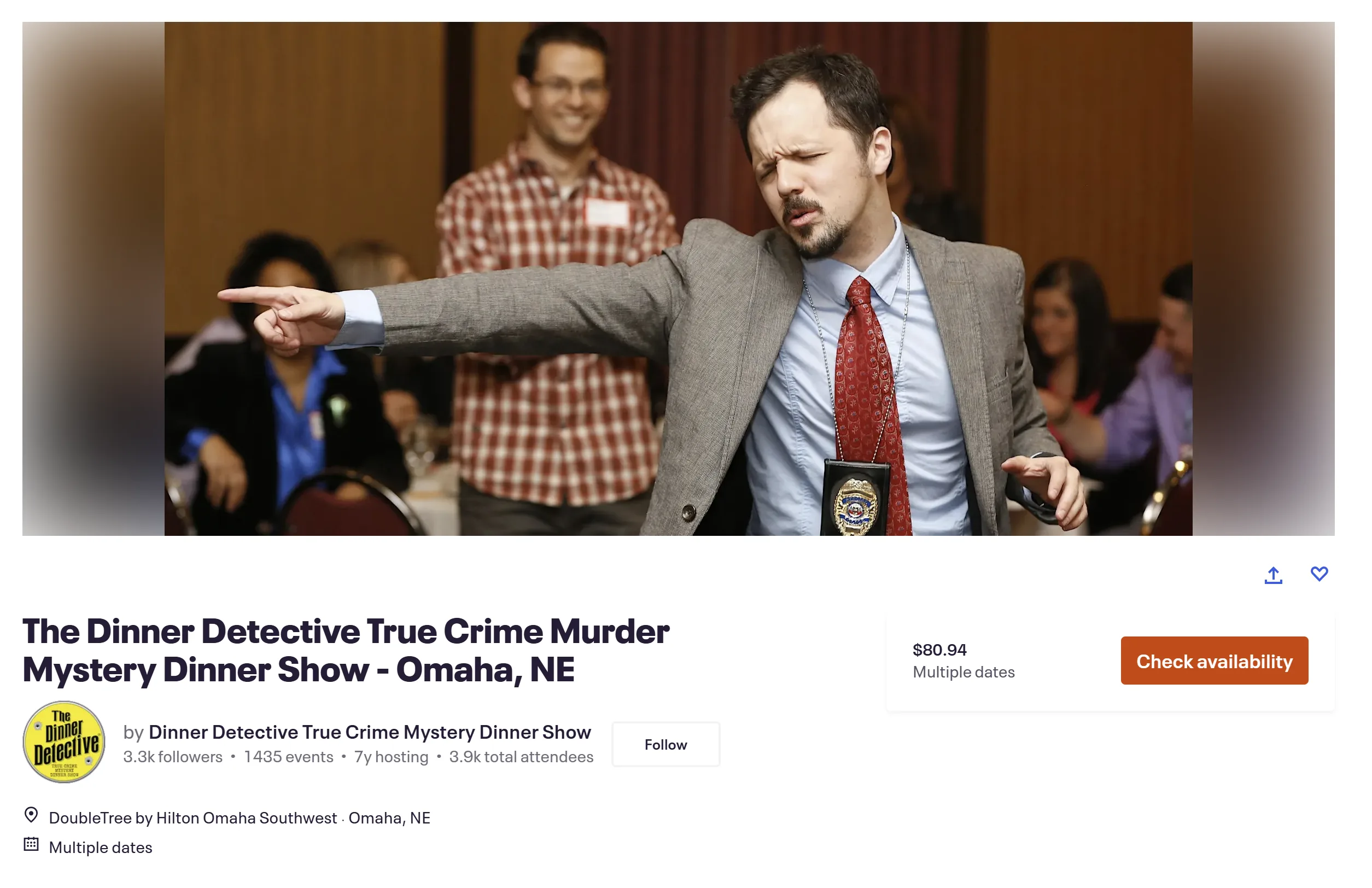 Eventbrite listing: The Dinner Detective True Crime Murder Mystery Dinner Show — Omaha, NE