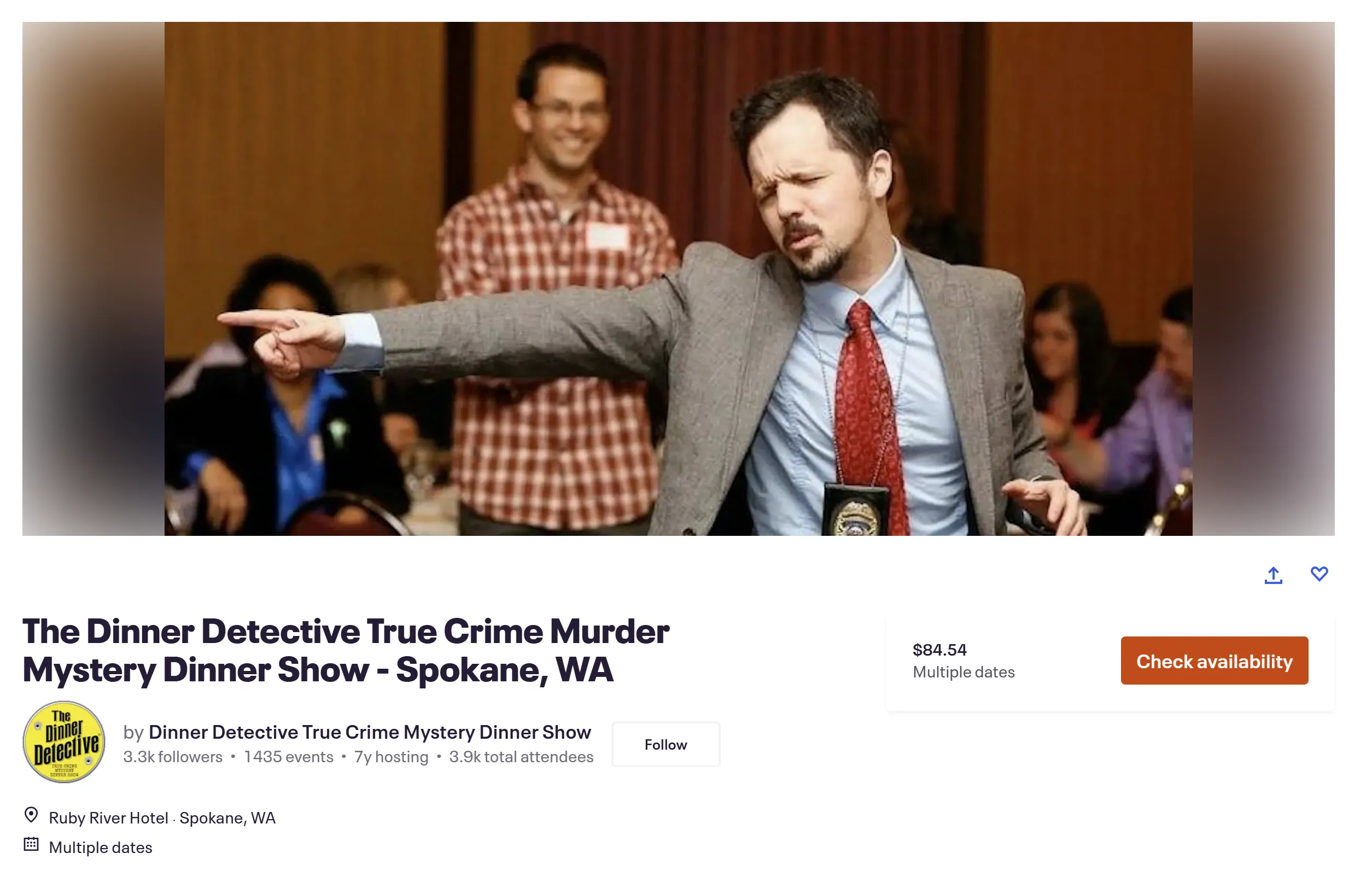 Eventbrite listing: The Dinner Detective True Crime Murder Mystery Dinner Show — Spokane, WA