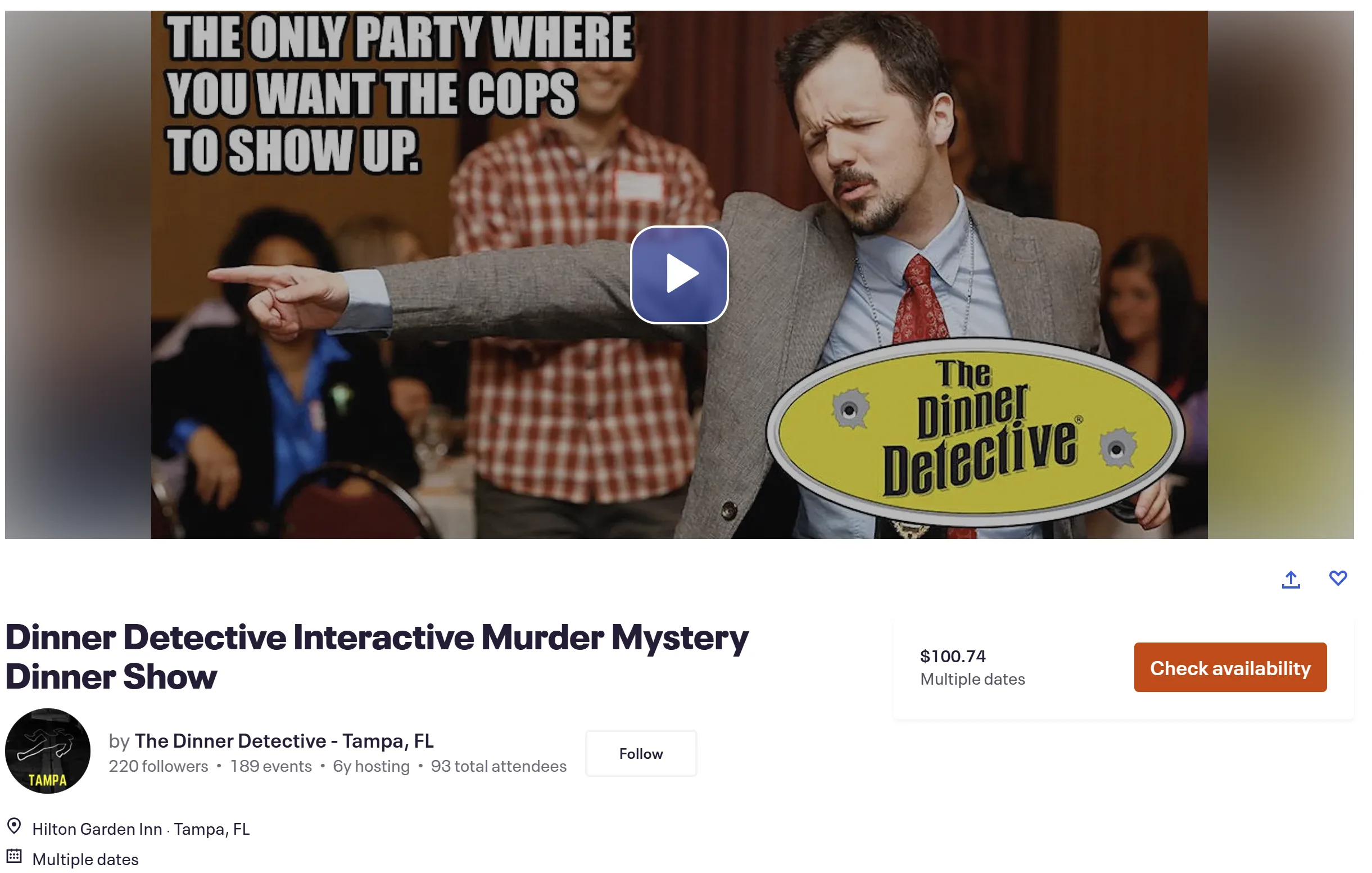 Eventbrite listing: Dinner Detective Interactive Murder Mystery Dinner Show, hosted by The Dinner Detective — Tampa, FL