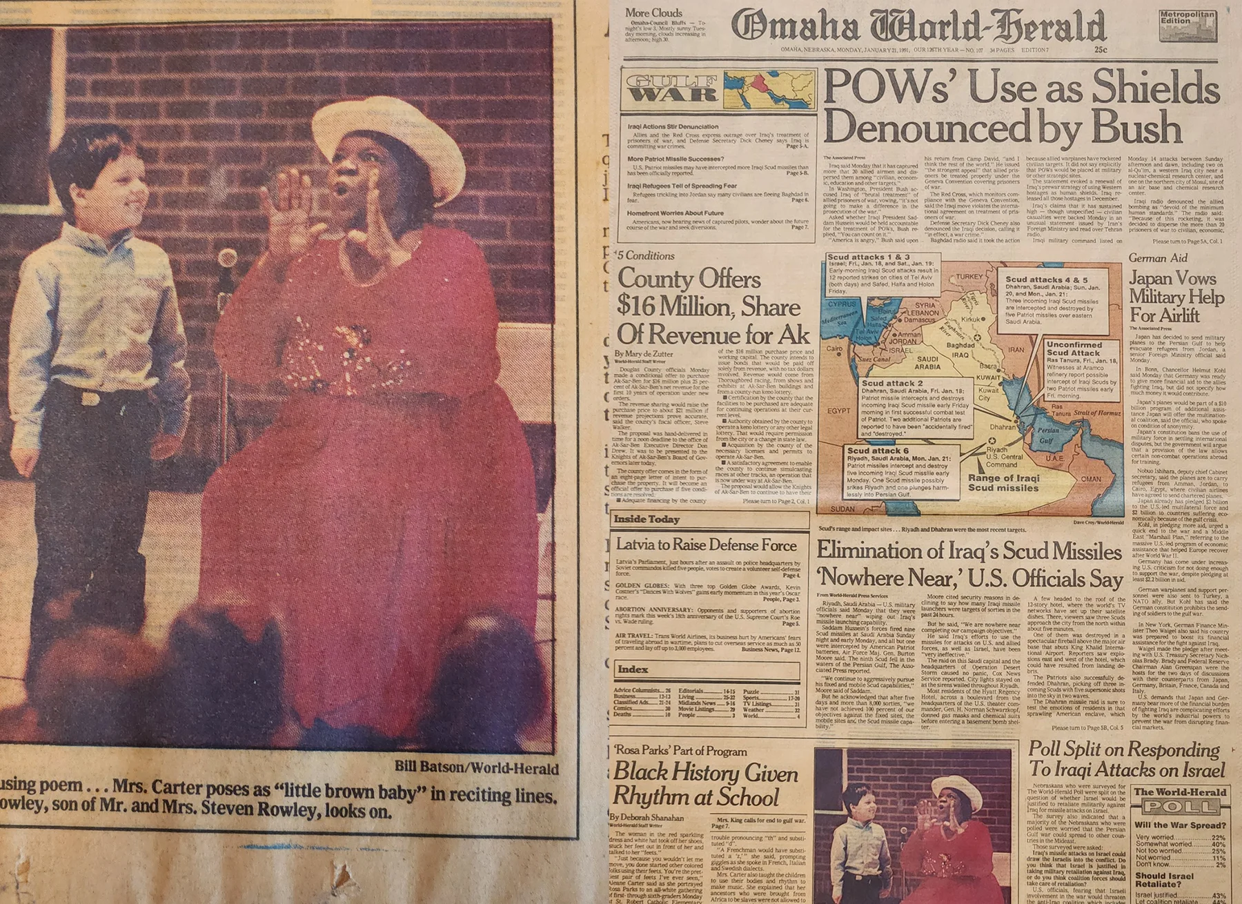 A young Nick Rowley on stage as a boy reciting a poem, next to a copy of the Omaha World-Herald front page from January 21, 1991, headlined 'POWs' Use as Shields Denounced by Bush' during the Gulf War.